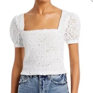 ASTR the Label Hudson White Cotton Eyelet Smocked Blouse Crop Top Small New $80